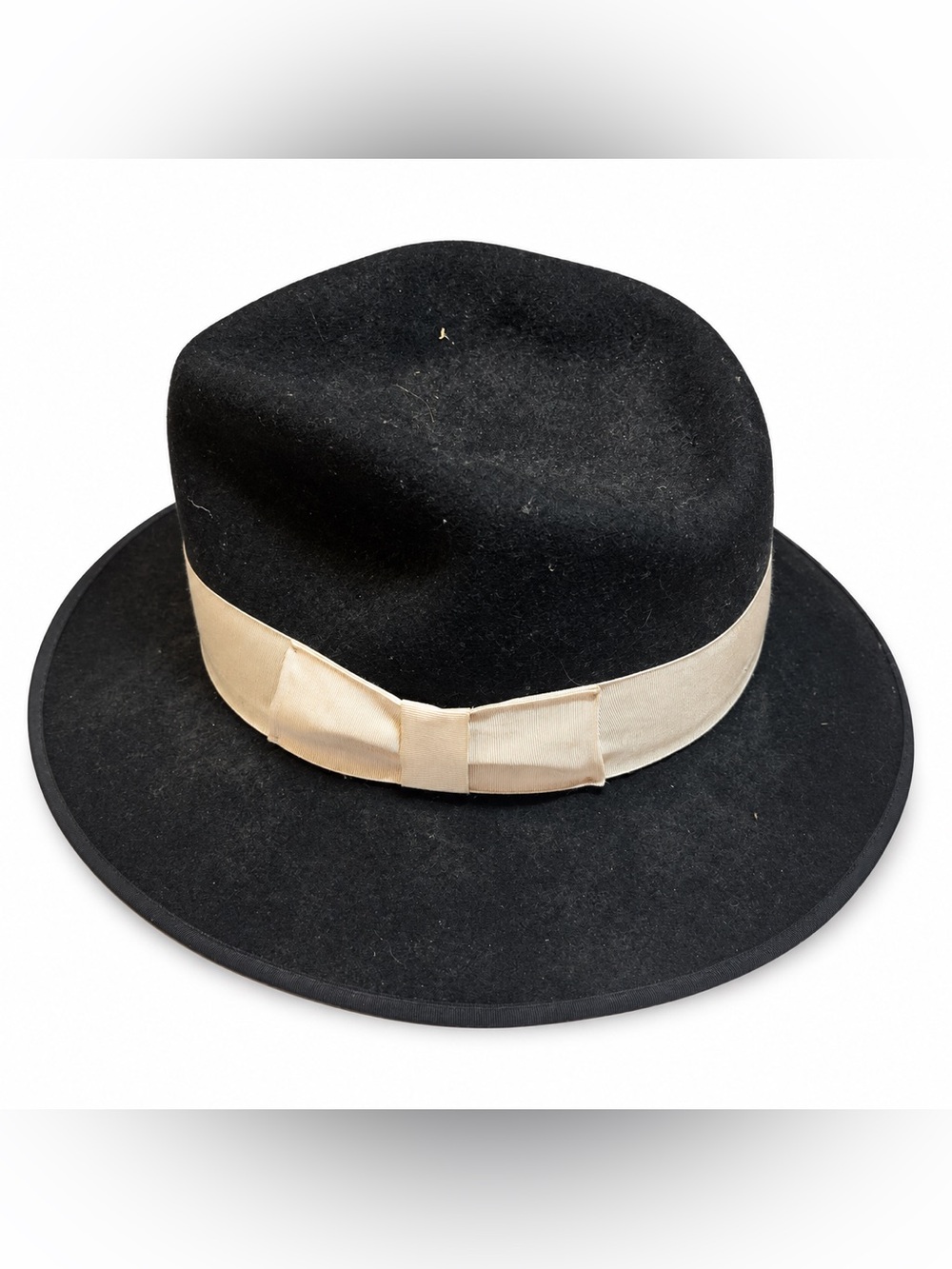 Zoot Black Wool Fedora Hat XL with Cream Ribbon Bow, Made in USA
